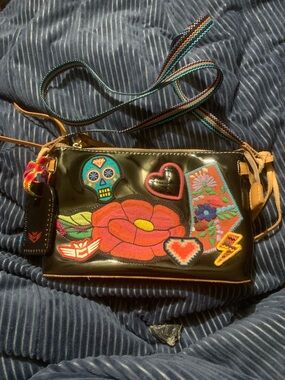 Consuela Black Patchwork Crossbody with Multicolor Embroidered Accents